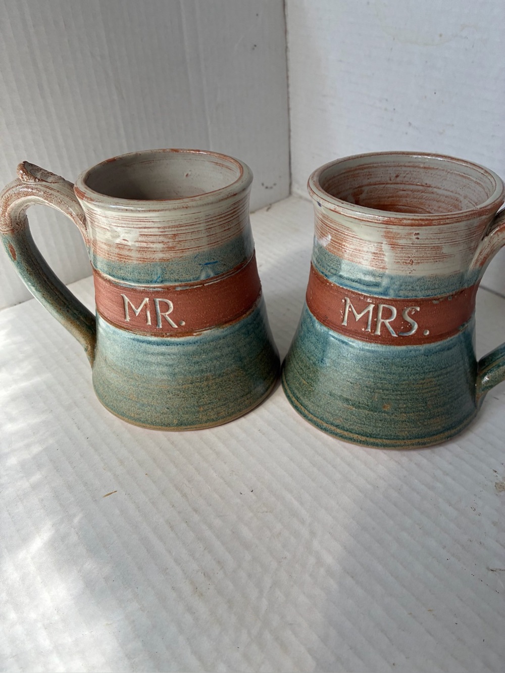 Studio Pottery Mr & Mrs Mug Set Terra Cotta, Teal Stoneware Signed Wedding New